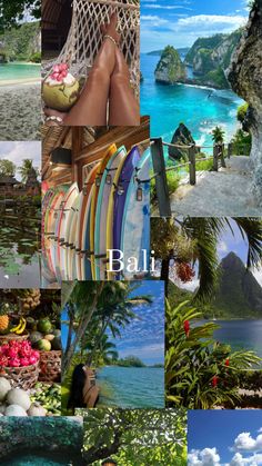 a collage of photos with surfboards and tropical scenes