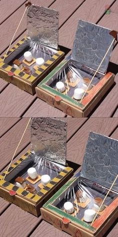 two boxes with different items in them sitting on a wooden table next to each other