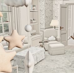 a living room filled with white furniture and stars hanging from the ceiling next to a window