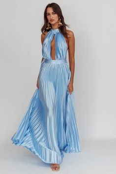 Shop the Monarch Pleated Satin Maxi Dress Light Blue | Selfie Leslie Satin Maxi Dress With Pleated Back For Evening, Evening Satin Maxi Dress With Pleated Back, Evening Satin Pleated Dress, Pleated Back Gown For Prom Season Party, Party Maxi Dress With Pleated Back, Prom Season Party Gown With Pleated Back, Satin Maxi Dress With Pleated Back For Prom, Pleated Bodice Floor-length Maxi Dress For Party, Floor-length Party Maxi Dress With Pleated Bodice