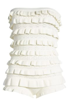 Rows of flippy ruffles add to the flirty appeal of a pointelle-knit romper that bares shoulders and legs. Strapless 45% polyester, 45% rayon, 10% spandex Machine wash, dry flat Imported Printed Blouses, Knit Romper, Knitted Romper, Summer Fits, Soft Girl, Looks Style, Melanie Martinez, Lookbook Outfits