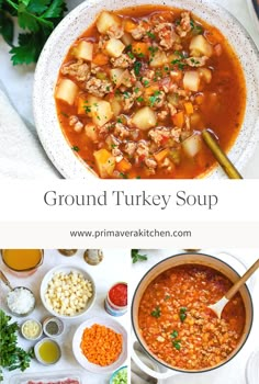 a bowl of ground turkey soup with carrots, celery and other ingredients