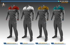 the star trek uniform is shown in three different colors