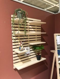 a wooden shelf with plants on it next to a easel