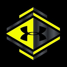 the under armour logo in yellow and grey on a black background, with an arrow at the center