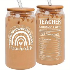 two glass jars with labels on them for teachers