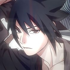 an anime character with black hair is staring at something in front of him and his eyes are closed