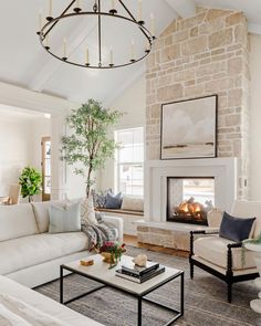 a living room filled with furniture and a fire place in the middle of the room