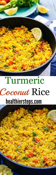 two pans filled with rice and vegetables on top of a blue cloth covered table