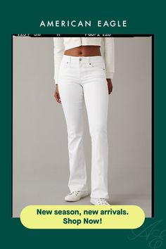 Next Level Stretch/Our softest, stretchiest, never-loses-its-shape denim/Super soft inside and out, comfortable, and lightweight/Won't bag out. Ever./White color wash Bootcut Jean, Bootcut Jeans, Next Level, Flare Jeans, White Color, Low Rise, Women's Jeans, American Eagle Outfitters, Womens Bottoms