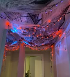 the ceiling is decorated with lights and netting over it's doorway area for halloween decorations