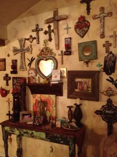 90s Southwest Decor, Mexican Brujeria Aesthetic, Polish Home Decor, Mexican Goth Home Decor, Mexican Hacienda, Spanish Decor, Mexican Home Decor, Mexican Home, Cross Wall