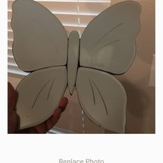 a person holding up a white butterfly cut out of cardboard with the words, replace photo