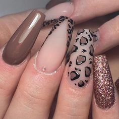 Animal Print Nails Art, Leopard Print Nails, Simple Acrylic Nails, Print Nails, Leopard Nails, Nail Art Designs Diy, Animal Nails, Animal Print Nails, Brown Nails