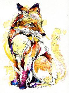 a drawing of a fox sitting on the ground