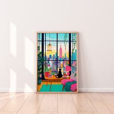 an art print of a living room with a cat sitting on the couch in front of a large window