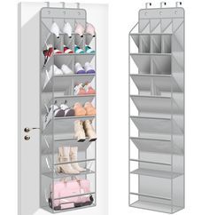 an open closet with several pairs of shoes and bags on the bottom shelf next to a closed door