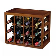 a wooden wine rack filled with lots of bottles