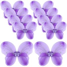 six purple butterflies are arranged in the shape of a butterfly, with wings spread out