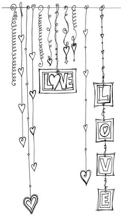 the word love is hanging from strings with hearts and other letters on them, as well as