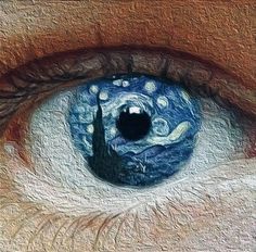 an eye with the starry night painting on it's iris is seen in this image