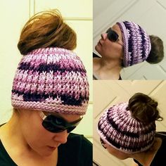 a woman wearing a purple and black striped knitted headband with text overlay that says, how to crochet messy bun hat