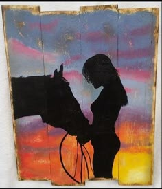 a painting of a woman holding a horse in front of a colorful sky with clouds