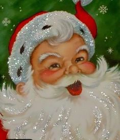 a painting of a santa clause with glitter on his hat and beard, making a funny face