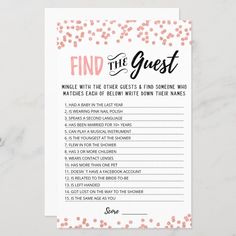 a pink and black printable game with the words find the guest on it, surrounded by confetti