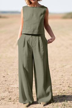 Mid Waist Pants, Sleeveless Suit, Linen Casual, Blouse Pants, Casual Vest, Elastic Waist Pants, Vest Top, Summer Outfits Women, Sleeveless Blouse