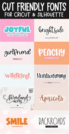 some type of font that is in different colors and sizes, with the words cut friendly font