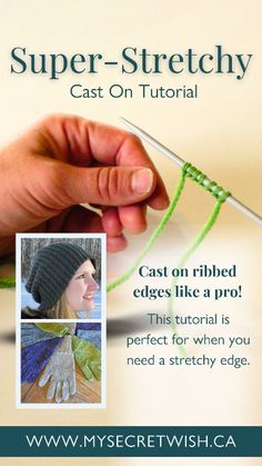 a hand holding a knitting needle with the words super - stretchy cast on it