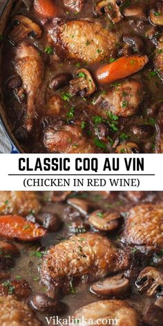 chicken in red wine with carrots, mushrooms and parsley on the side is an image that says classic go au vin chicken in red wine