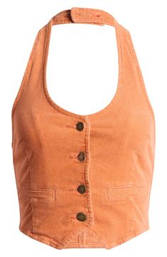 Fall for the silhouette of this chic halter vest crafted from soft, stretch-kissed corduroy in a cropped silhouette. Front button closure Halter neck Front welt pockets 99% cotton, 1% elastane Machine wash, line dry Imported 70s Costume, Halter Vest, Fabric Gift Bags, Nordstrom Store, Fabric Gifts, Free Fabric, Welt Pockets, Halter Neck, Welt Pocket