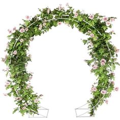 an arch with pink flowers and greenery hanging from it's sides in front of a white background