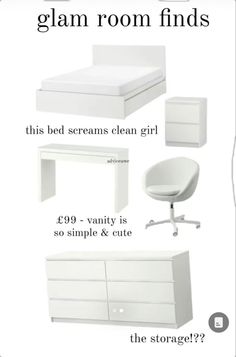 a white bed sitting next to a desk and chair with the words glam room finds on it