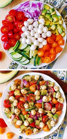 two plates filled with different types of vegetables on top of each other, and the same plate