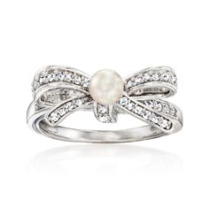 Ross-Simons - 4-4.5mm Cultured Pearl, .25ct t. w. Diamond Bow Ring in Silver. Size 9. All wrapped up in radiant sparkle, our on-trend .25 ct. t. w. round diamond bow ring invites a luminous 4-4.5mm cultured freshwater pearl to center stage. Finely crafted in polished sterling silver. 1/4" wide. Diamond and white pearl bow ring. Pearl birthstones are the perfect gift for June birthdays. Swirl Diamond Ring, Cultured Pearl Ring, Pearl Birthstone, Ring Pearl, Pearl Bow, Diamond Bows, Swirl Ring, Bow Ring, Bow Jewelry