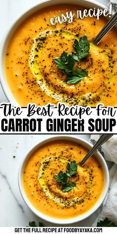 Bowl of carrot ginger soup, a festive and light option for Christmas dinner. Light Winter Dinner, Carrot Soup Recipes Healthy, Christmas Soup Recipes, Winter Soup Recipes Healthy, Health Soup Recipes, Puree Soup Recipes, Dinner Soups, Ginger Carrot Soup, Holiday Soup