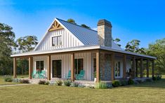 this is a computer rendering of a small house with porches and covered patios