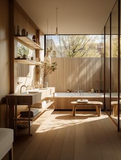 a bathroom with wooden walls and flooring next to a bathtub in the corner