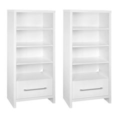 two white bookcases side by side with one open and the other closed on both sides