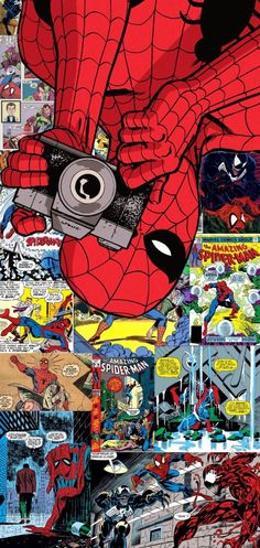 a collage of spiderman and other comic characters with their hands in the air