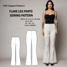 a woman in white pants and black top standing next to an advertisement for flare leg pants sewing pattern