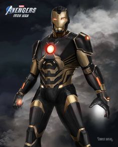 an iron man standing in the clouds with his hands on his hips and glowing eyes