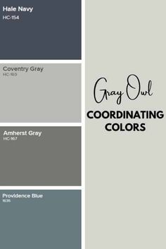 some gray and white paint colors with the words gray out coordinating colors in black, blue,