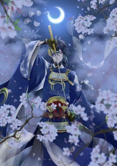 an anime character standing in front of cherry blossom trees with the moon above her head