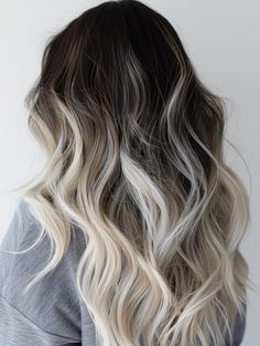 Icy Blonde Balayage On Brown Hair, Winter Ombre Hair Color For Brunettes, Ash Blonde Balayage With Dark Roots, Dark To Platinum Balayage, Bright Blonde Balayage On Brown Hair, Ash Blonde Balayage Long Hair, Brown Hair Platinum Highlights, Ash Blonde Root Smudge, Icy Blonde Hair Dark Roots