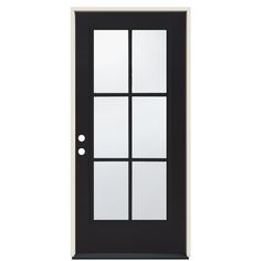 a black and white door with four panes on the front glass, and two sidelights