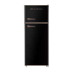 a black refrigerator freezer sitting on top of a white wall